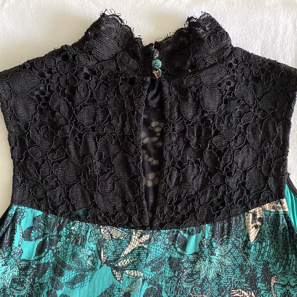Anthropologie Maeve Silk blend Butterfly Swan Green print Lace top Swing Dress - Picture 8 of 16